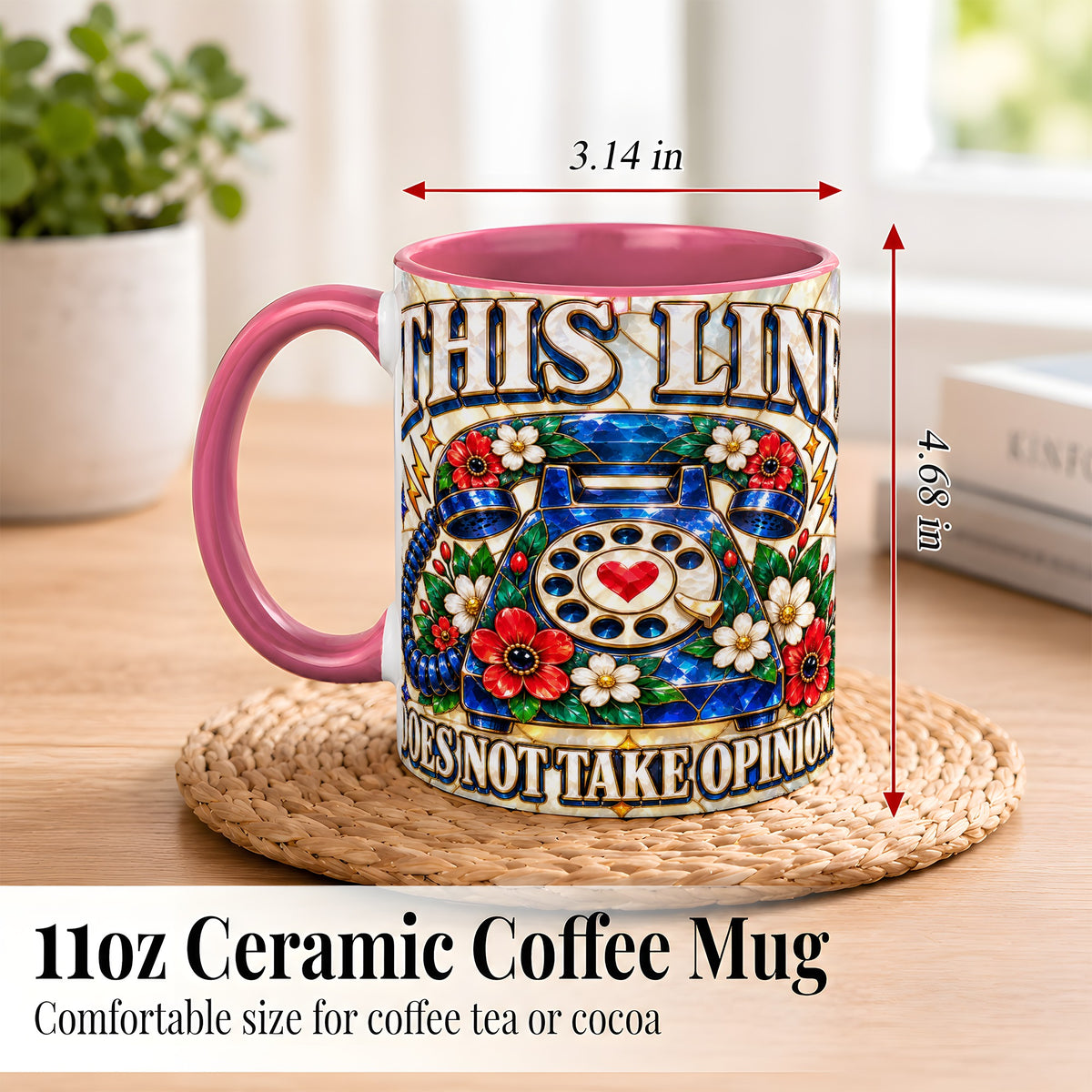 #pl[11oz|Pink] Stained Glass Style Rotary Phone Coffee Mug, Floral Mug, Ceramic Cup