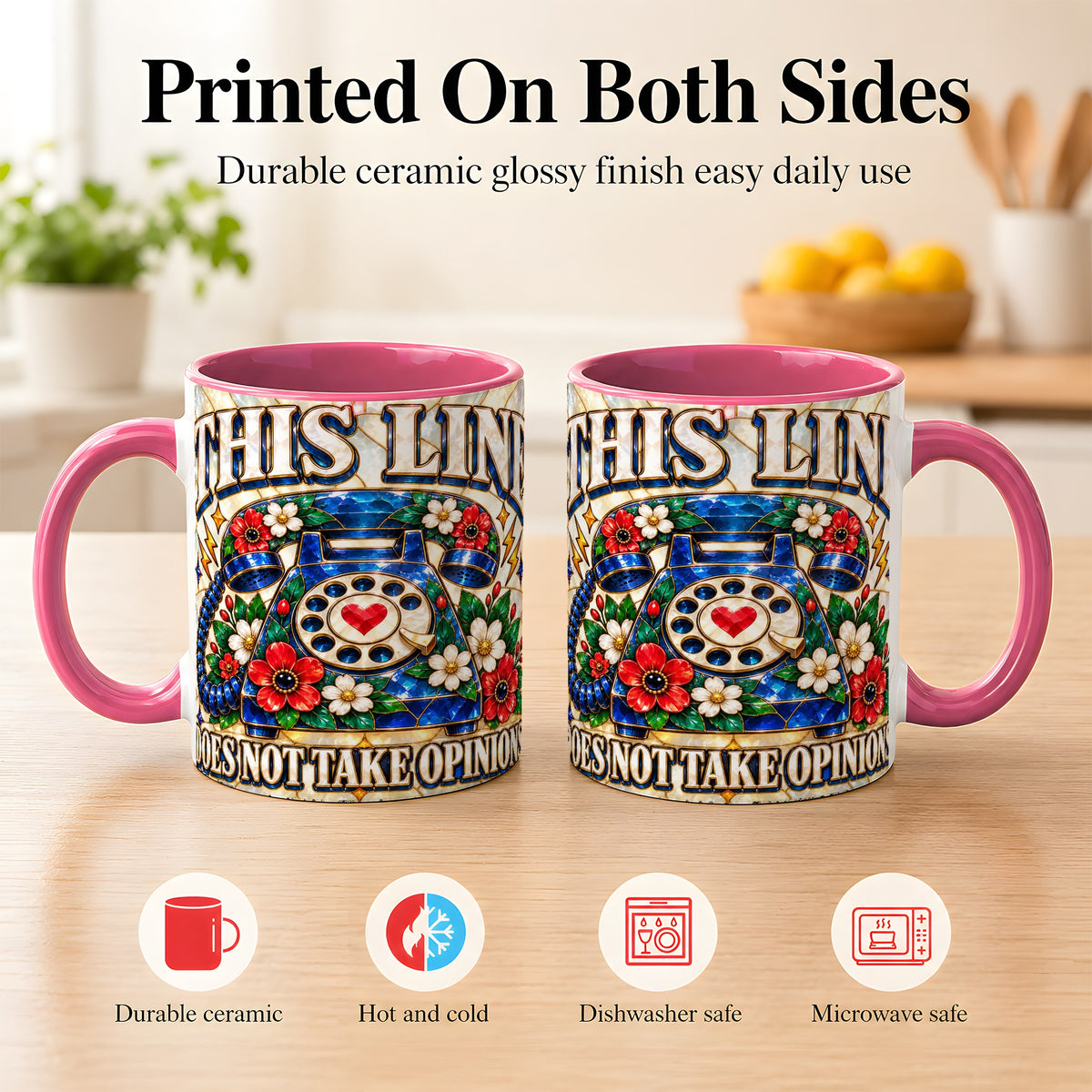 #pl[11oz|Pink] Stained Glass Style Rotary Phone Coffee Mug, Floral Mug, Ceramic Cup