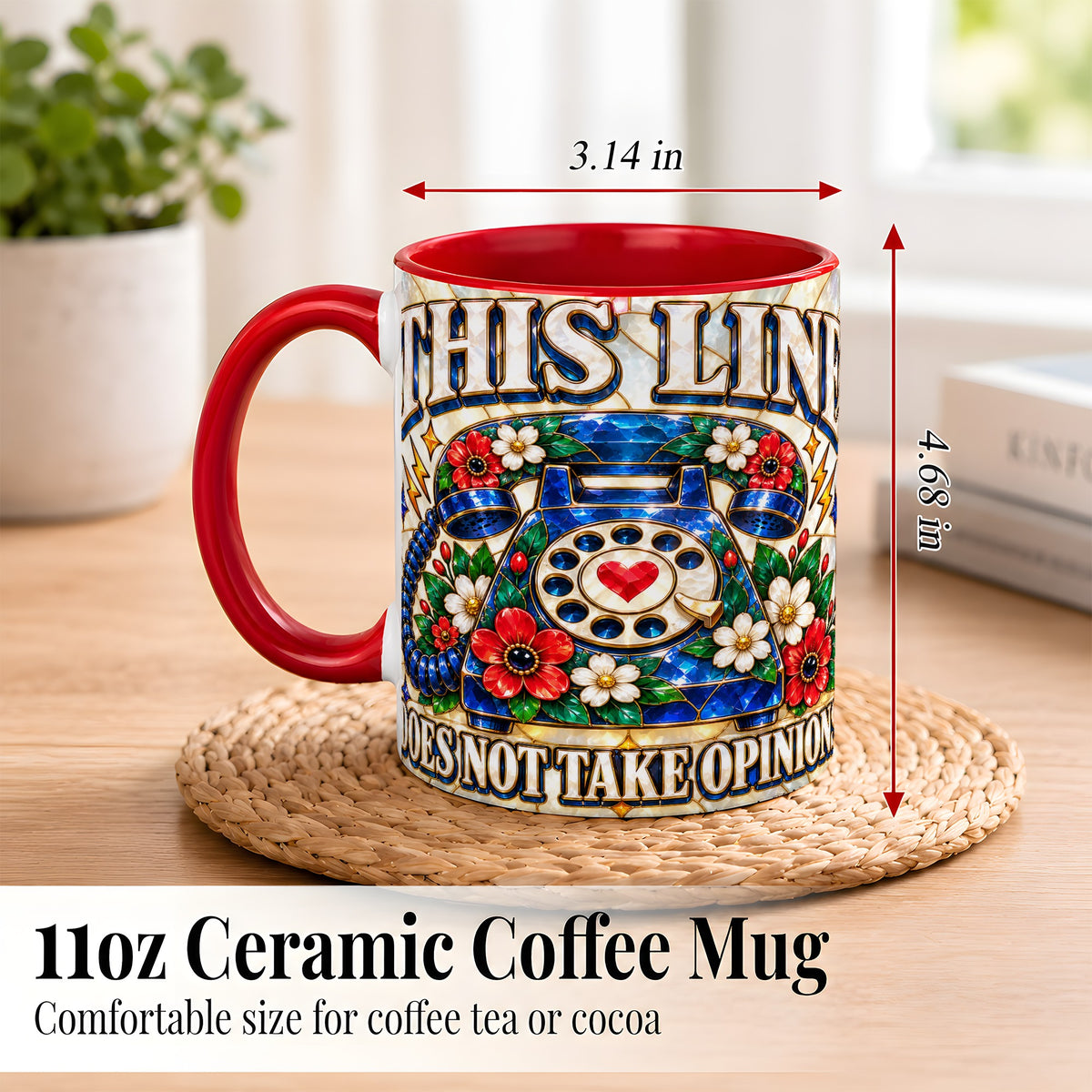 #pl[11oz|Red] Stained Glass Style Rotary Phone Coffee Mug, Floral Mug, Ceramic Cup
