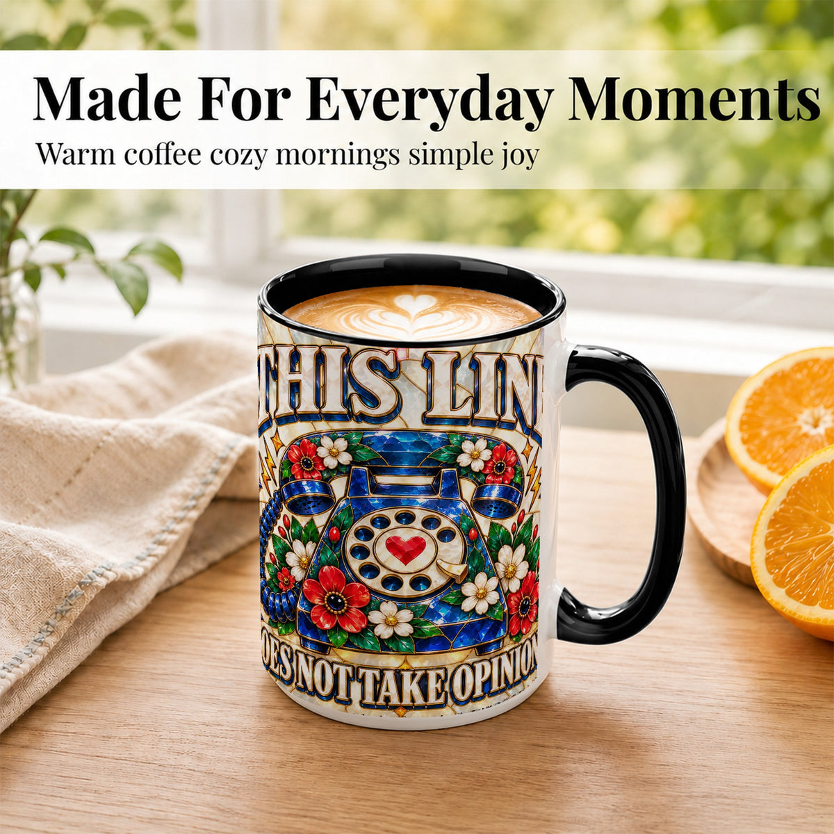 #pl[15oz|Black] Stained Glass Style Rotary Phone Coffee Mug, Floral Mug, Ceramic Cup