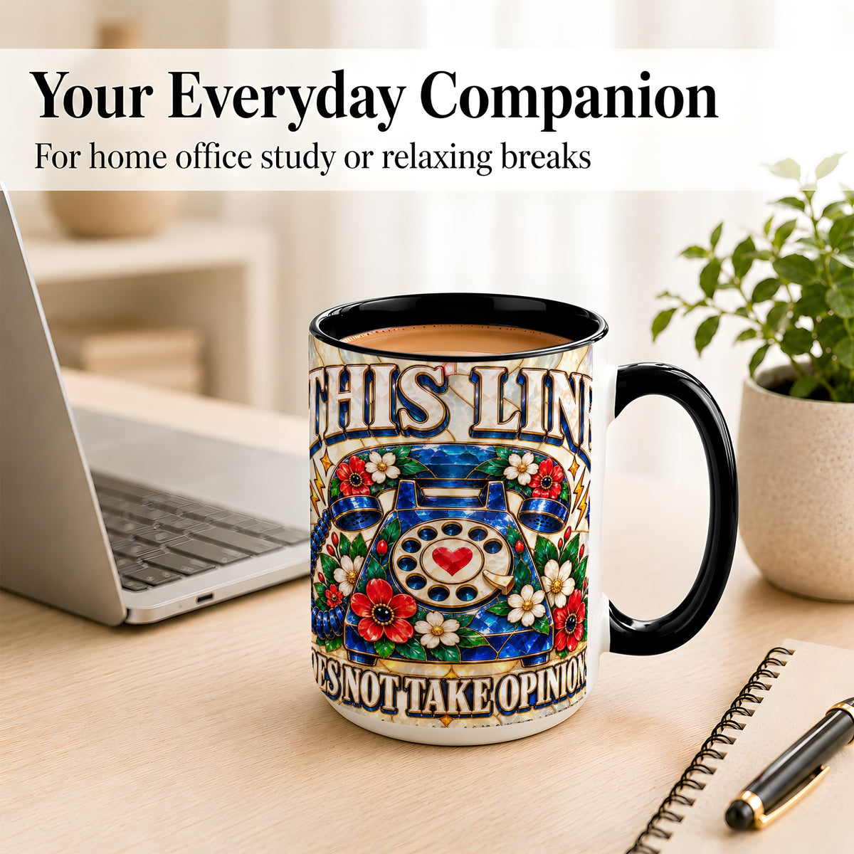 #pl[15oz|Black] Stained Glass Style Rotary Phone Coffee Mug, Floral Mug, Ceramic Cup