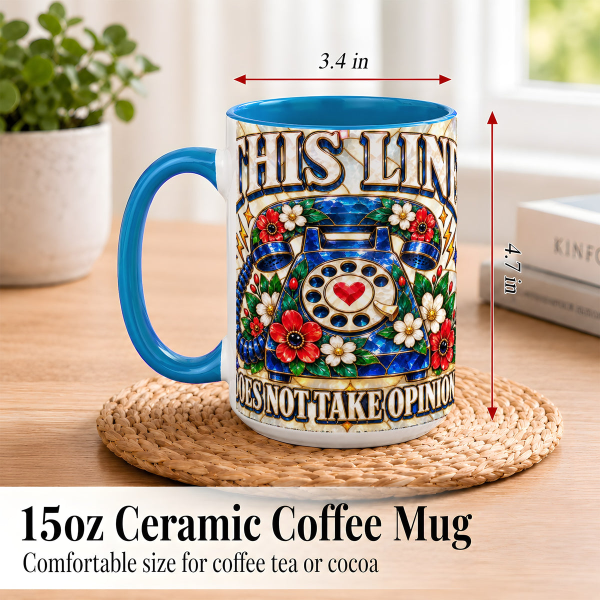 #pl[15oz|Blue] Stained Glass Style Rotary Phone Coffee Mug, Floral Mug, Ceramic Cup