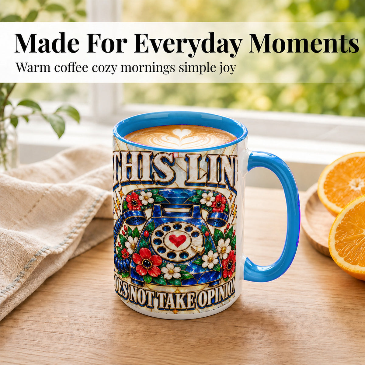 #pl[15oz|Blue] Stained Glass Style Rotary Phone Coffee Mug, Floral Mug, Ceramic Cup
