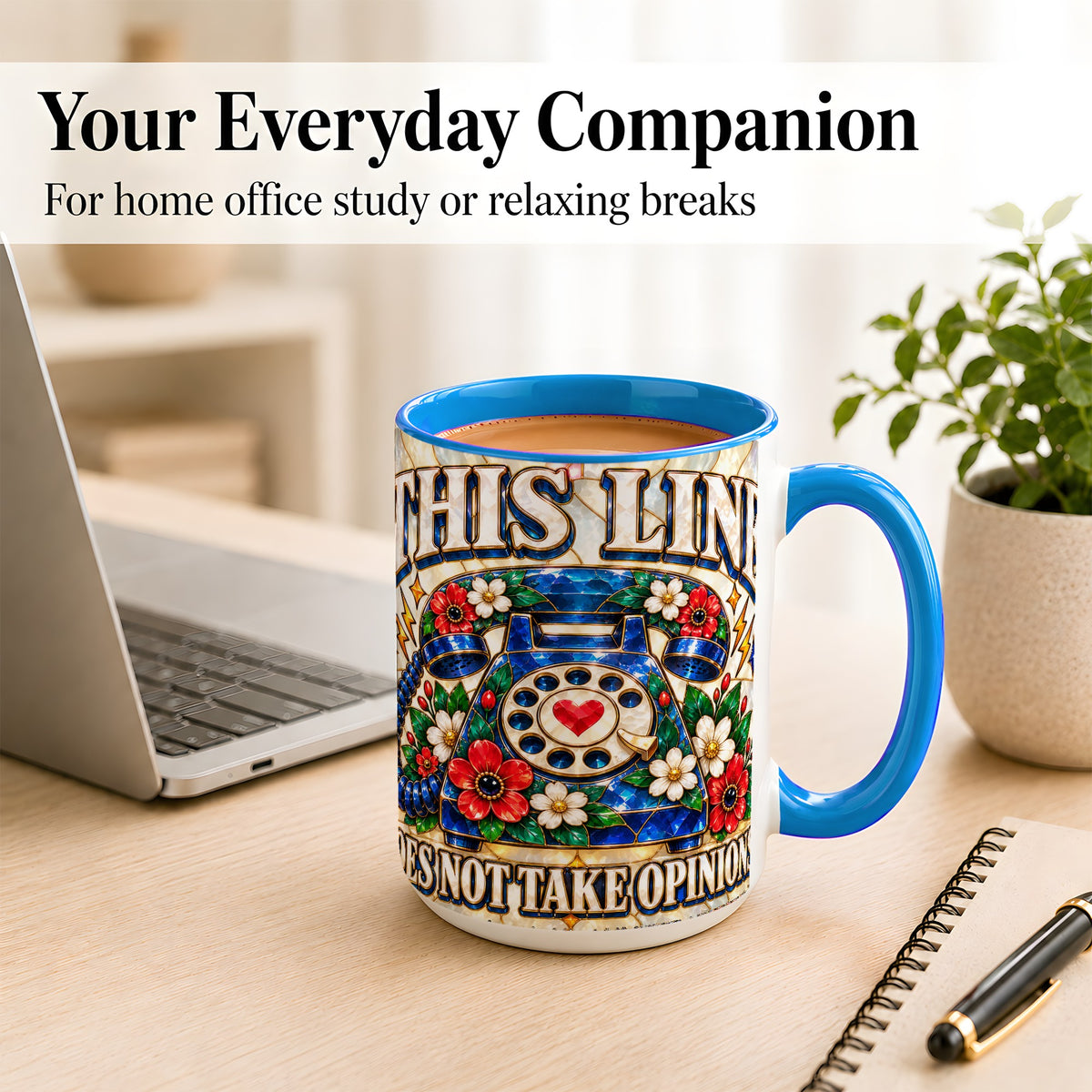#pl[15oz|Blue] Stained Glass Style Rotary Phone Coffee Mug, Floral Mug, Ceramic Cup