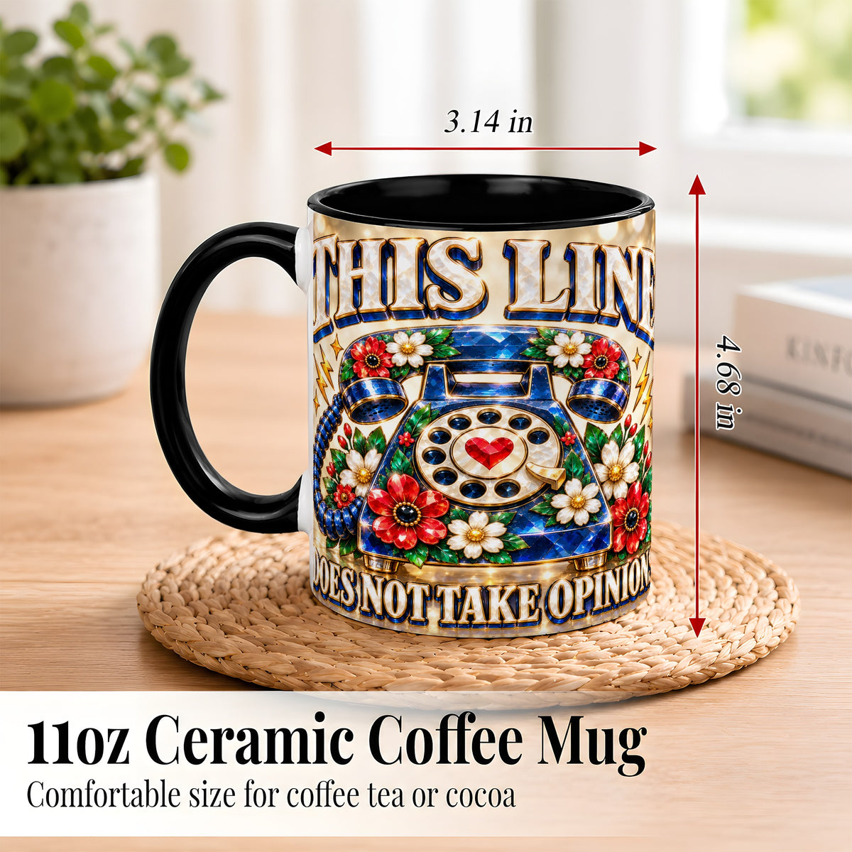 #pl[11oz|Black] Gemstone Rotary Phone Coffee Mug, Floral Vintage Mug, Ceramic Cup