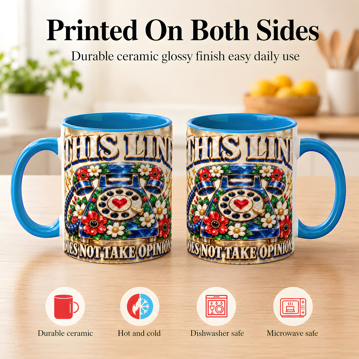 #pl[11oz|Blue] Gemstone Rotary Phone Coffee Mug, Floral Vintage Mug, Ceramic Cup