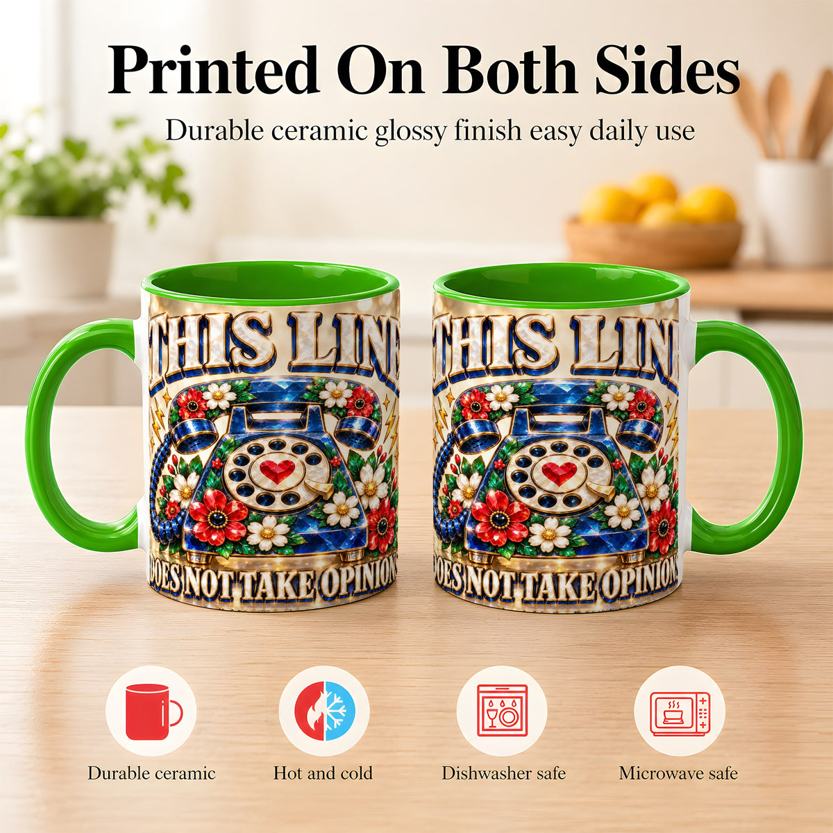 #pl[11oz|Green] Gemstone Rotary Phone Coffee Mug, Floral Vintage Mug, Ceramic Cup