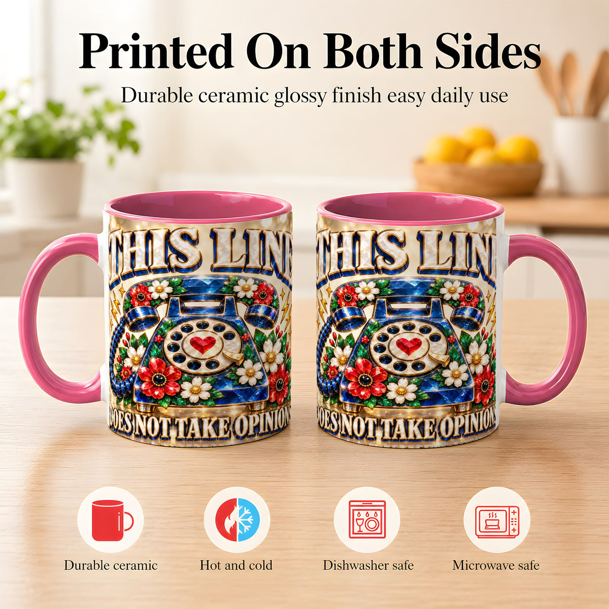 #pl[11oz|Pink] Gemstone Rotary Phone Coffee Mug, Floral Vintage Mug, Ceramic Cup