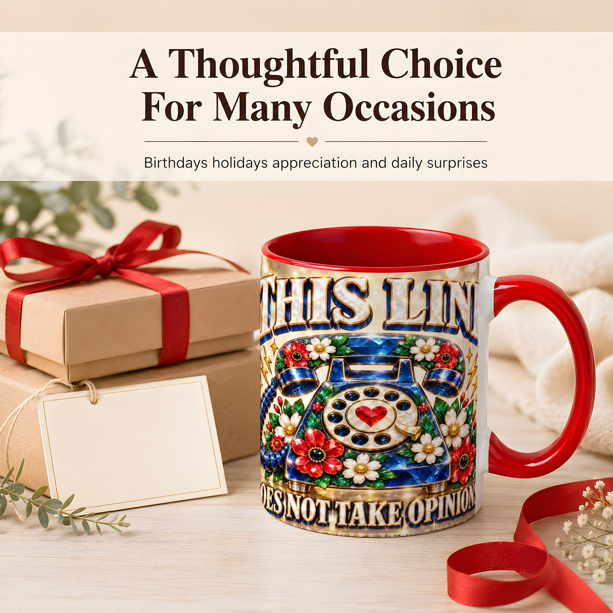 #pl[11oz|Red] Gemstone Rotary Phone Coffee Mug, Floral Vintage Mug, Ceramic Cup