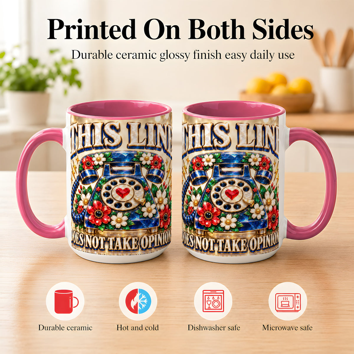 #pl[15oz|Pink] Gemstone Rotary Phone Coffee Mug, Floral Vintage Mug, Ceramic Cup