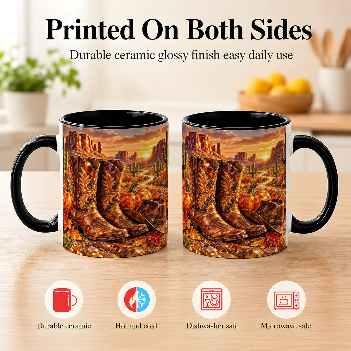 #pl[11oz|Black] Western Cowboy Boots Coffee Mug, Desert Autumn Mug, Ceramic Cup