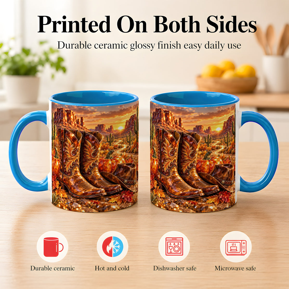 #pl[11oz|Blue] Western Cowboy Boots Coffee Mug, Desert Autumn Mug, Ceramic Cup