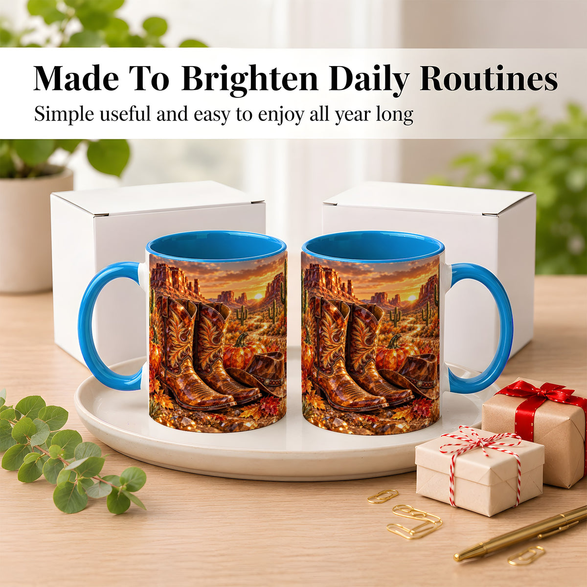 #pl[11oz|Blue] Western Cowboy Boots Coffee Mug, Desert Autumn Mug, Ceramic Cup