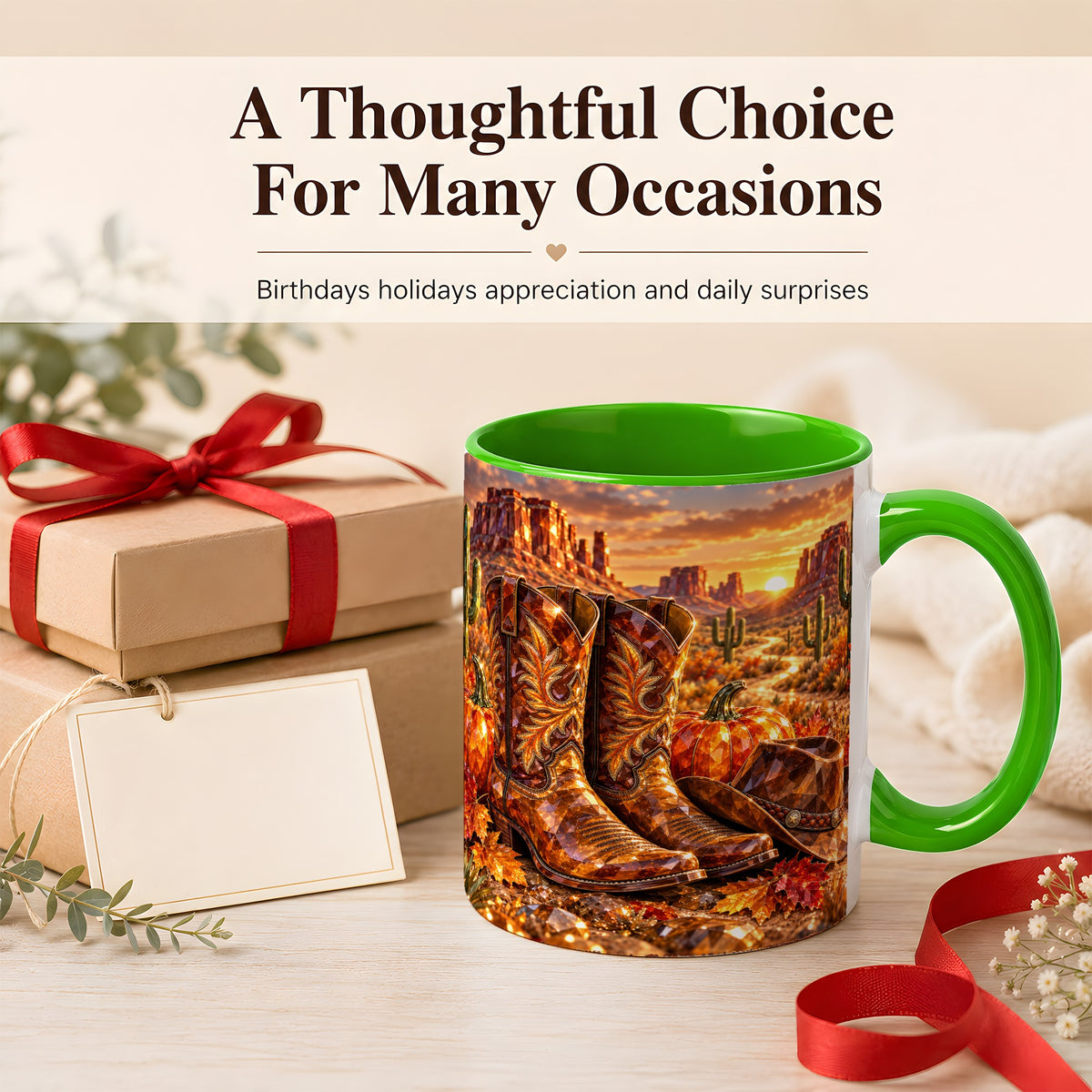 #pl[11oz|Green] Western Cowboy Boots Coffee Mug, Desert Autumn Mug, Ceramic Cup