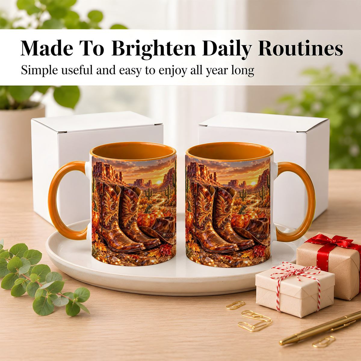 #pl[11oz|Orange] Western Cowboy Boots Coffee Mug, Desert Autumn Mug, Ceramic Cup