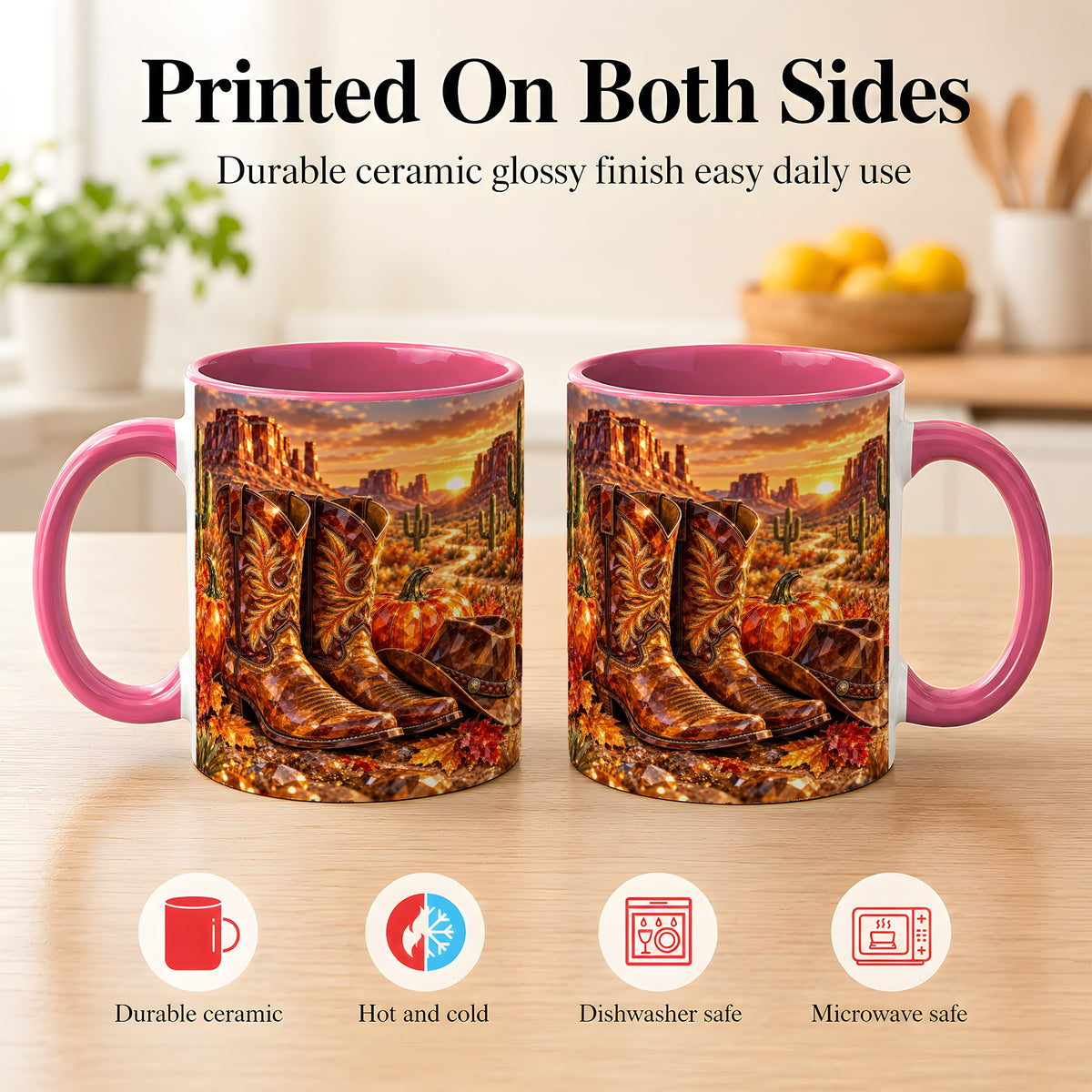 #pl[11oz|Pink] Western Cowboy Boots Coffee Mug, Desert Autumn Mug, Ceramic Cup