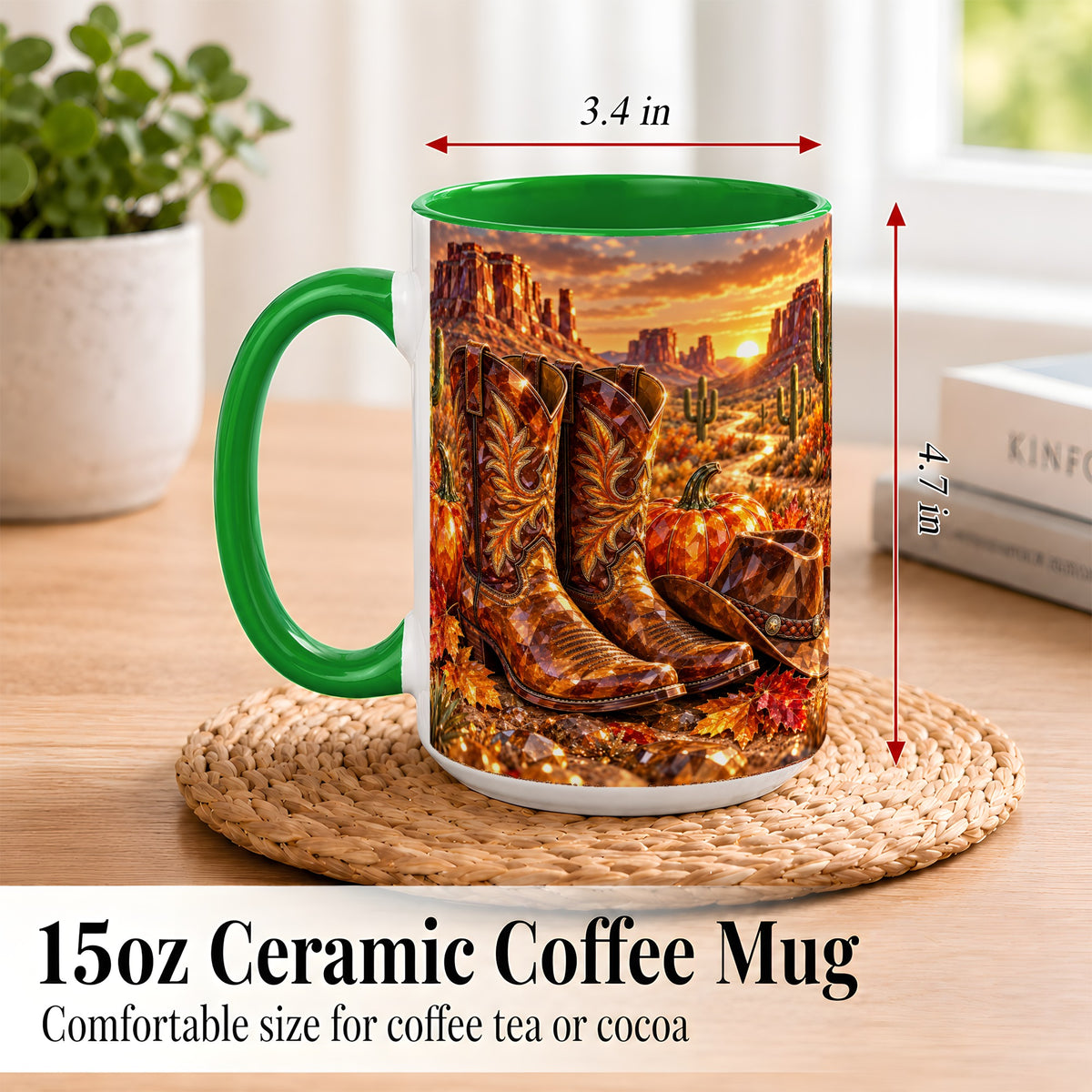 #pl[15oz|Green] Western Cowboy Boots Coffee Mug, Desert Autumn Mug, Ceramic Cup