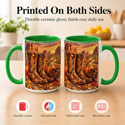 #pl[15oz|Green] Western Cowboy Boots Coffee Mug, Desert Autumn Mug, Ceramic Cup