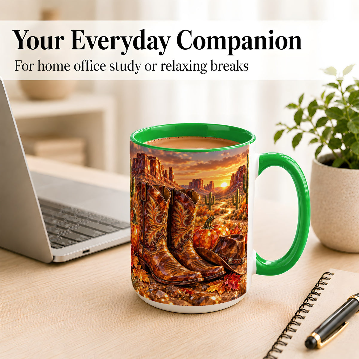 #pl[15oz|Green] Western Cowboy Boots Coffee Mug, Desert Autumn Mug, Ceramic Cup