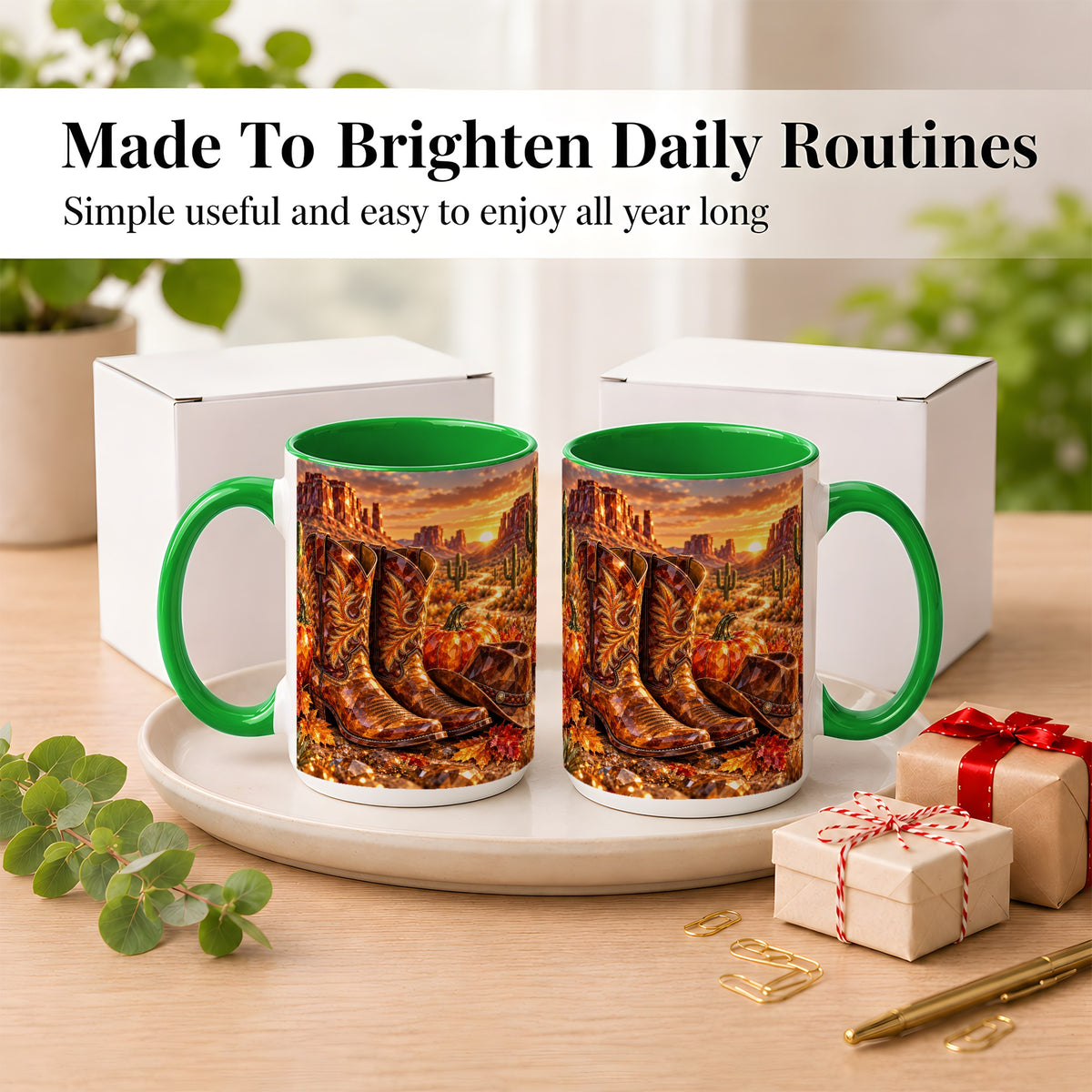 #pl[15oz|Green] Western Cowboy Boots Coffee Mug, Desert Autumn Mug, Ceramic Cup