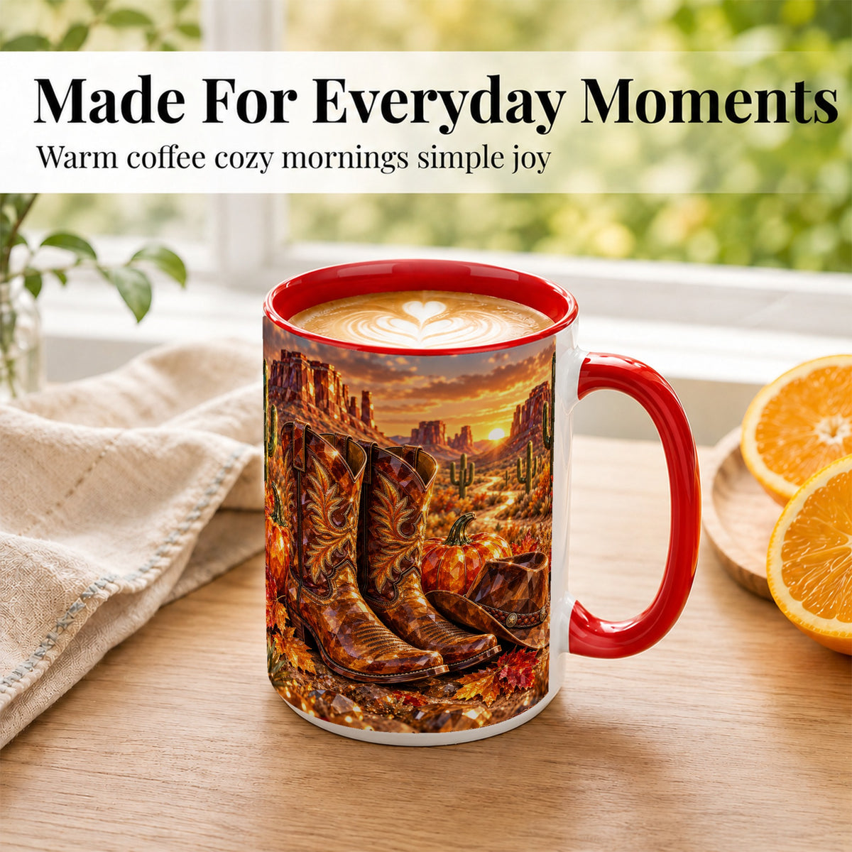#pl[15oz|Red] Western Cowboy Boots Coffee Mug, Desert Autumn Mug, Ceramic Cup