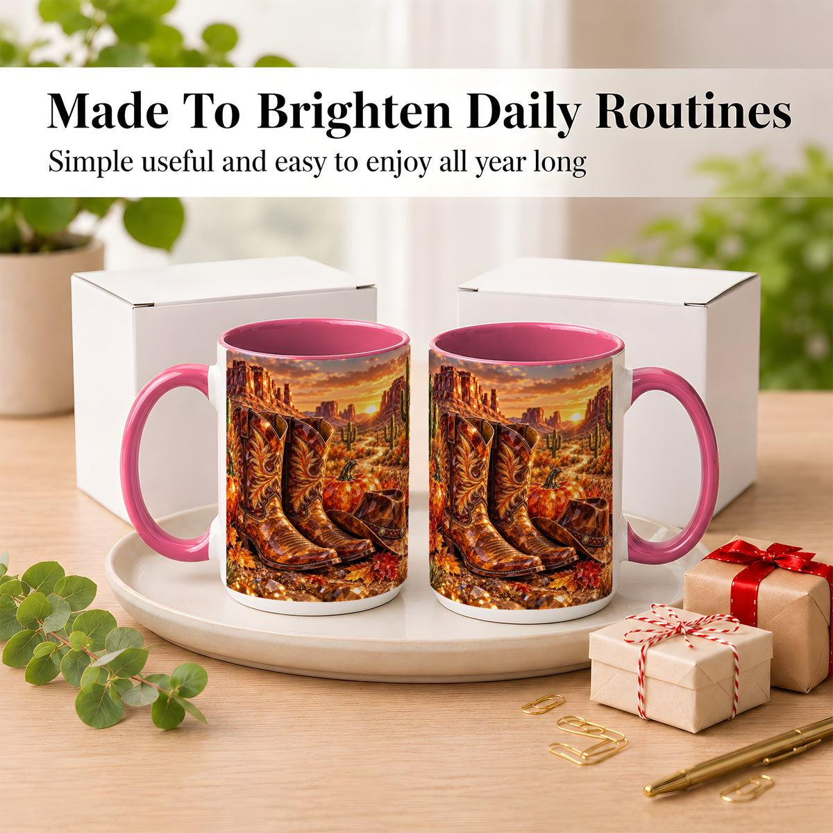#pl[15oz|Pink] Western Cowboy Boots Coffee Mug, Desert Autumn Mug, Ceramic Cup