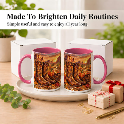 #pl[15oz|Pink] Western Cowboy Boots Coffee Mug, Desert Autumn Mug, Ceramic Cup
