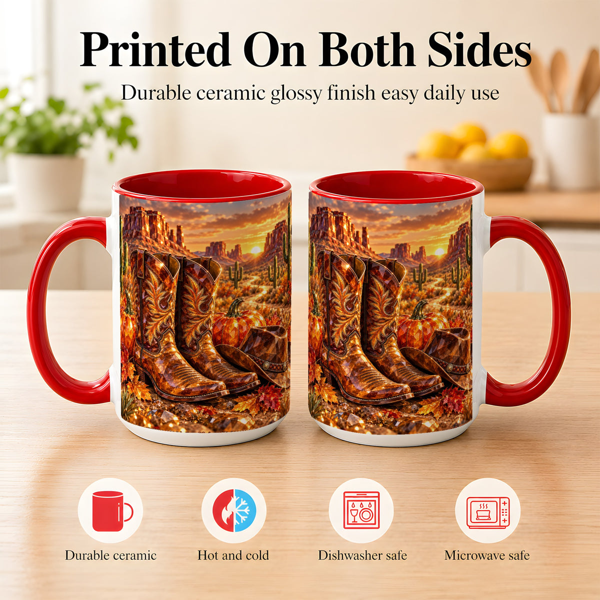 #pl[15oz|Red] Western Cowboy Boots Coffee Mug, Desert Autumn Mug, Ceramic Cup