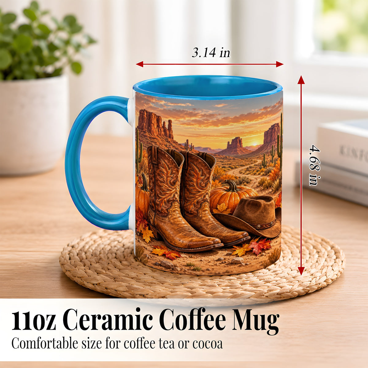 #pl[11oz|Blue] Western Autumn Coffee Mug, Cowboy Boots Mug, Ceramic Cup
