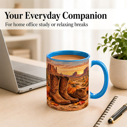 #pl[11oz|Blue] Western Autumn Coffee Mug, Cowboy Boots Mug, Ceramic Cup
