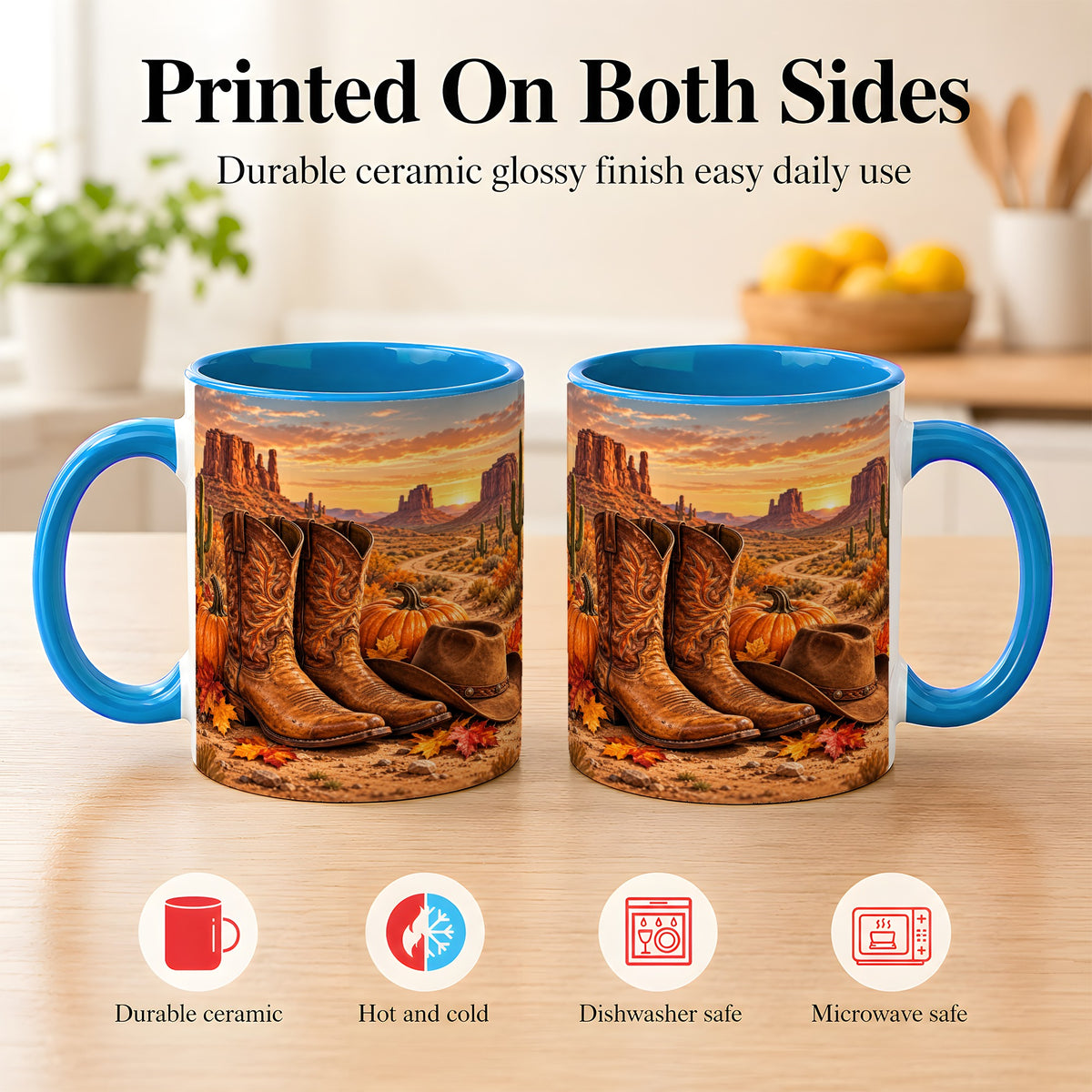#pl[11oz|Blue] Western Autumn Coffee Mug, Cowboy Boots Mug, Ceramic Cup