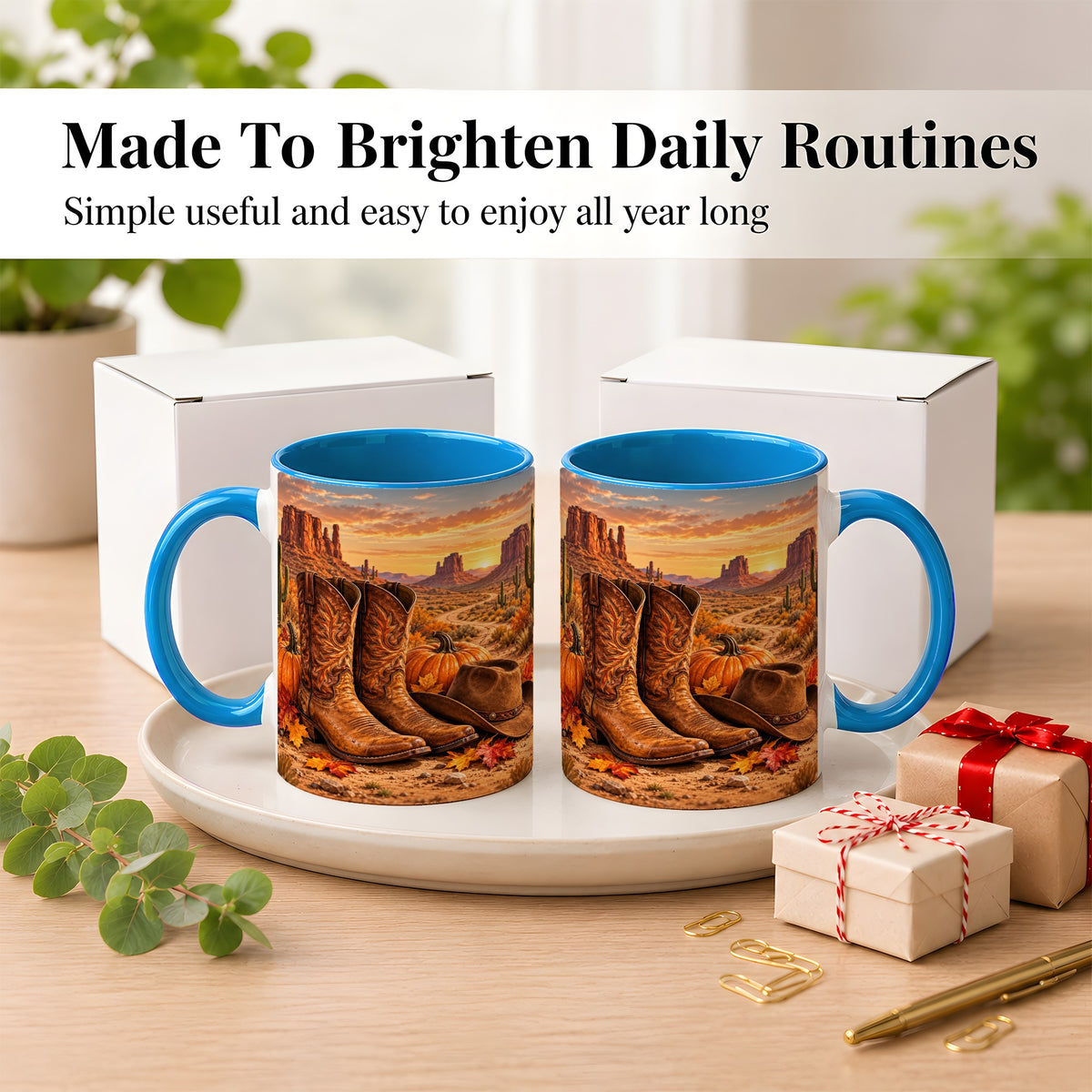 #pl[11oz|Blue] Western Autumn Coffee Mug, Cowboy Boots Mug, Ceramic Cup