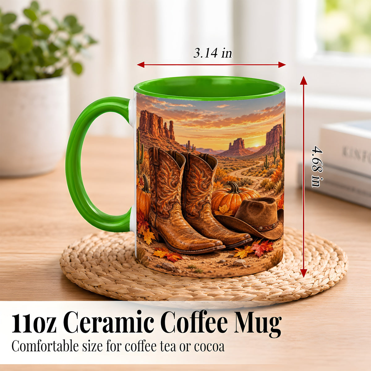 #pl[11oz|Green] Western Autumn Coffee Mug, Cowboy Boots Mug, Ceramic Cup