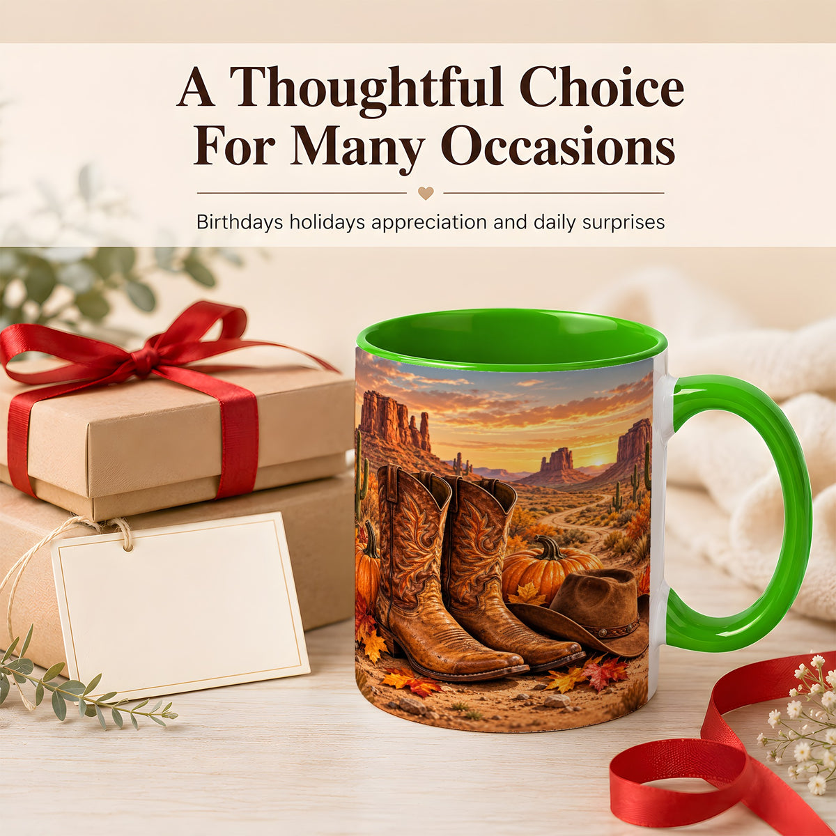 #pl[11oz|Green] Western Autumn Coffee Mug, Cowboy Boots Mug, Ceramic Cup