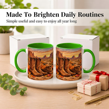 #pl[11oz|Green] Western Autumn Coffee Mug, Cowboy Boots Mug, Ceramic Cup