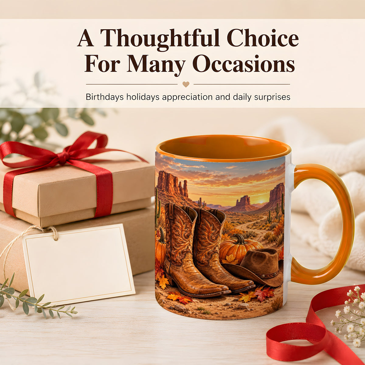 #pl[11oz|Orange] Western Autumn Coffee Mug, Cowboy Boots Mug, Ceramic Cup