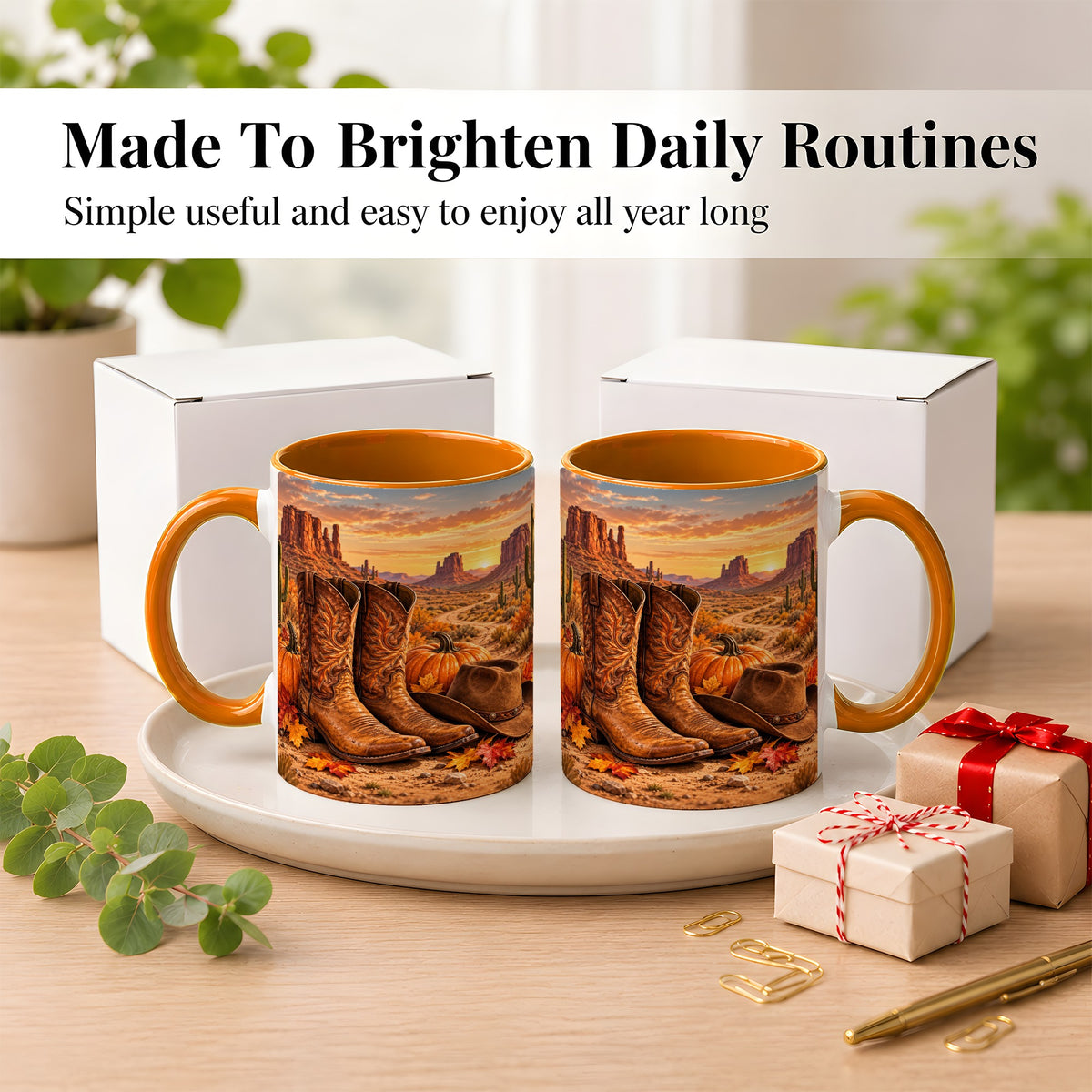 #pl[11oz|Orange] Western Autumn Coffee Mug, Cowboy Boots Mug, Ceramic Cup