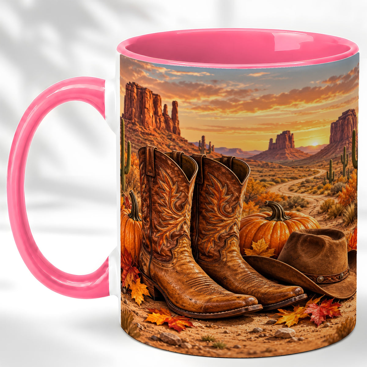 #pl[11oz|Pink] Western Autumn Coffee Mug, Cowboy Boots Mug, Ceramic Cup