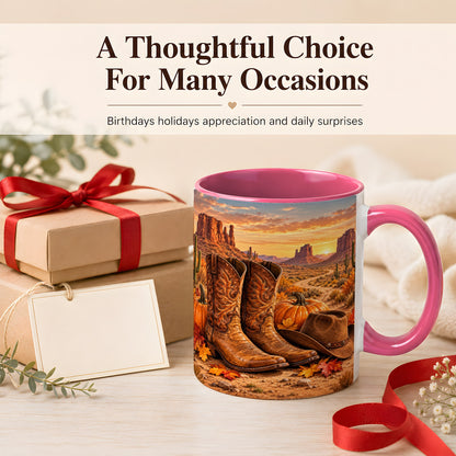 #pl[11oz|Pink] Western Autumn Coffee Mug, Cowboy Boots Mug, Ceramic Cup