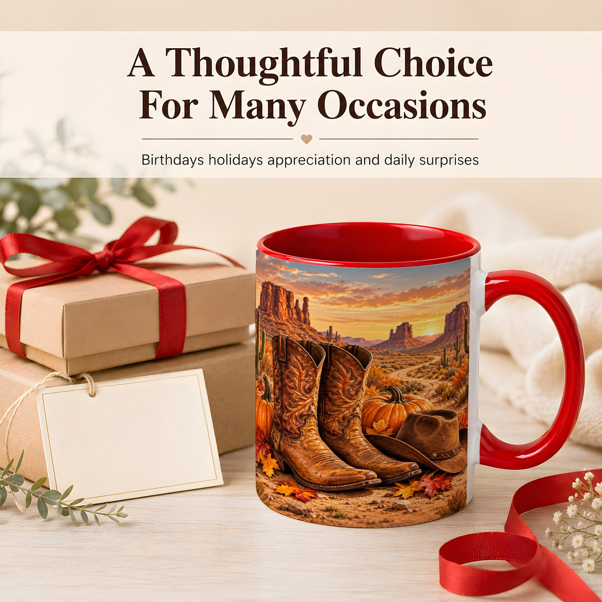 #pl[11oz|Red] Western Autumn Coffee Mug, Cowboy Boots Mug, Ceramic Cup