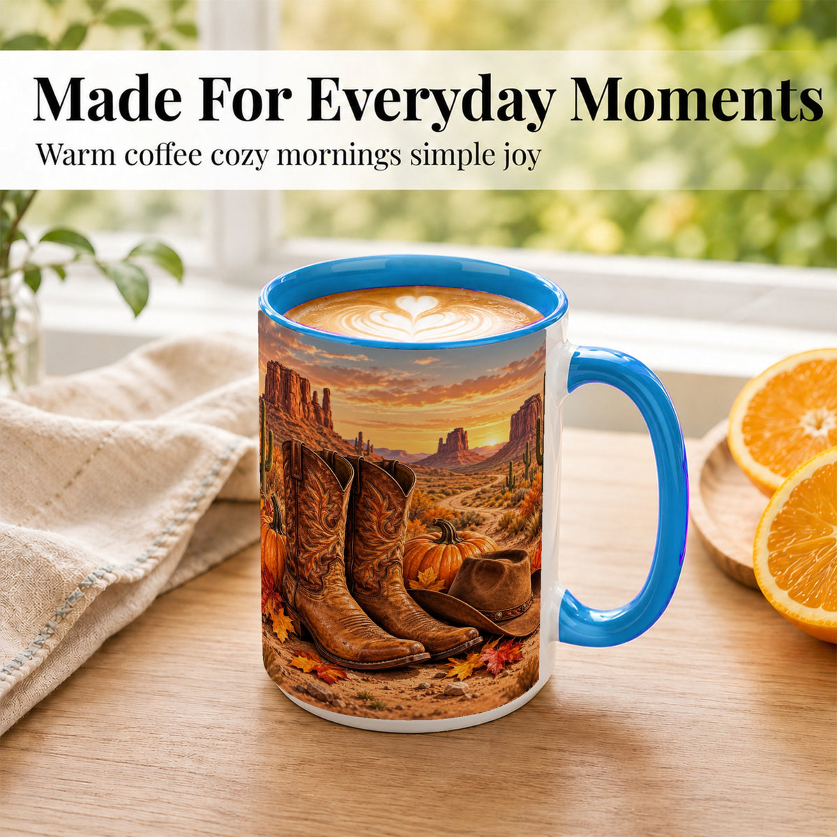 #pl[15oz|Blue] Western Autumn Coffee Mug, Cowboy Boots Mug, Ceramic Cup