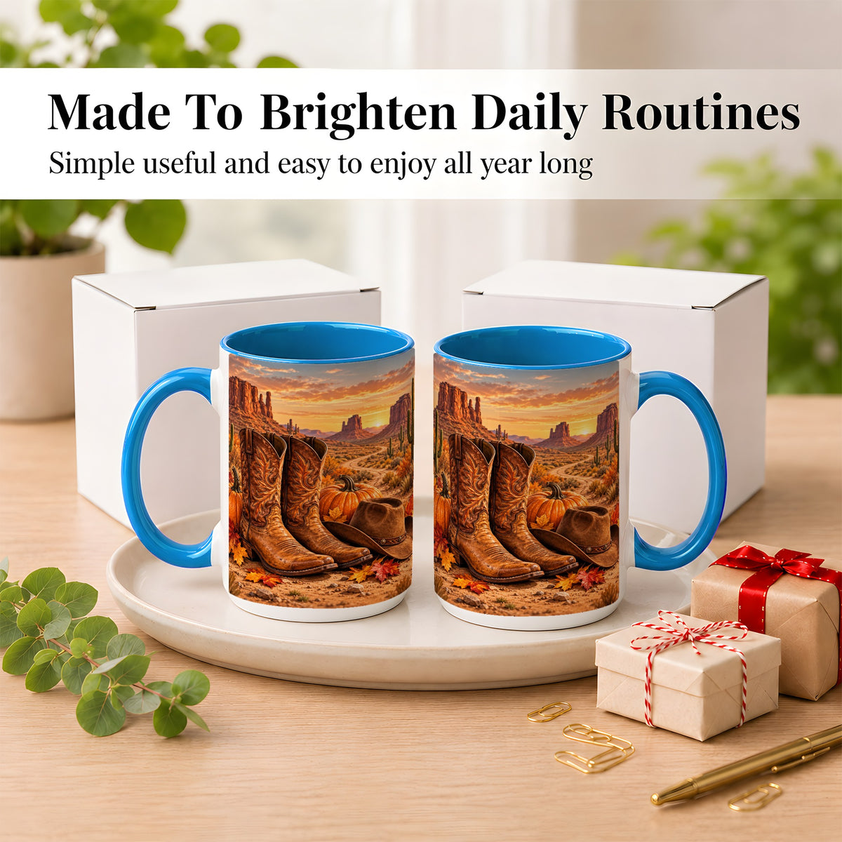 #pl[15oz|Blue] Western Autumn Coffee Mug, Cowboy Boots Mug, Ceramic Cup