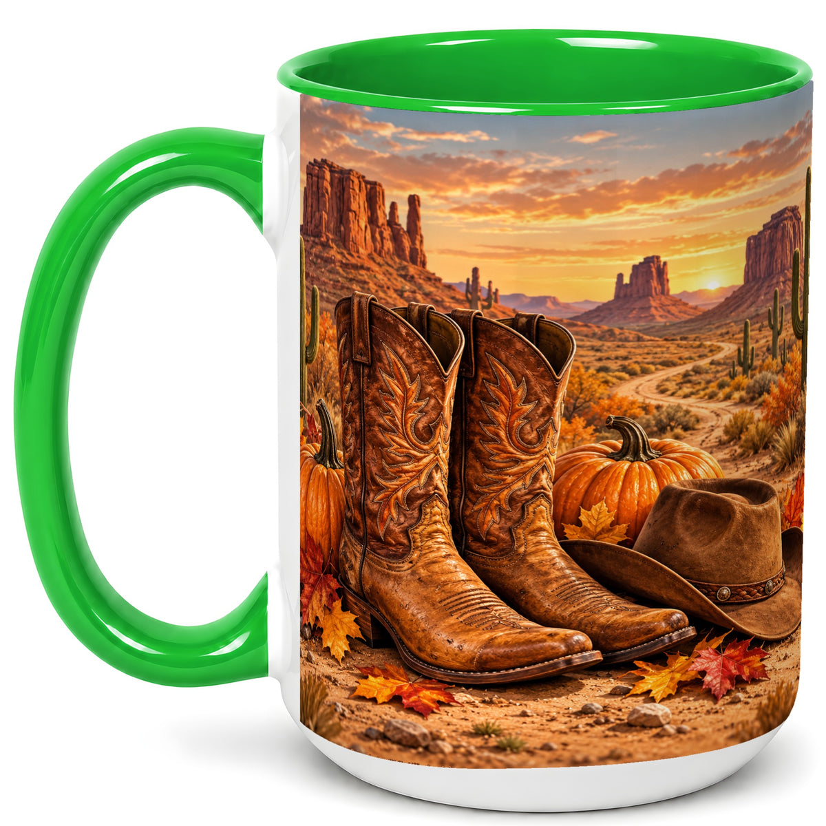 #pl[15oz|Green] Western Autumn Coffee Mug, Cowboy Boots Mug, Ceramic Cup