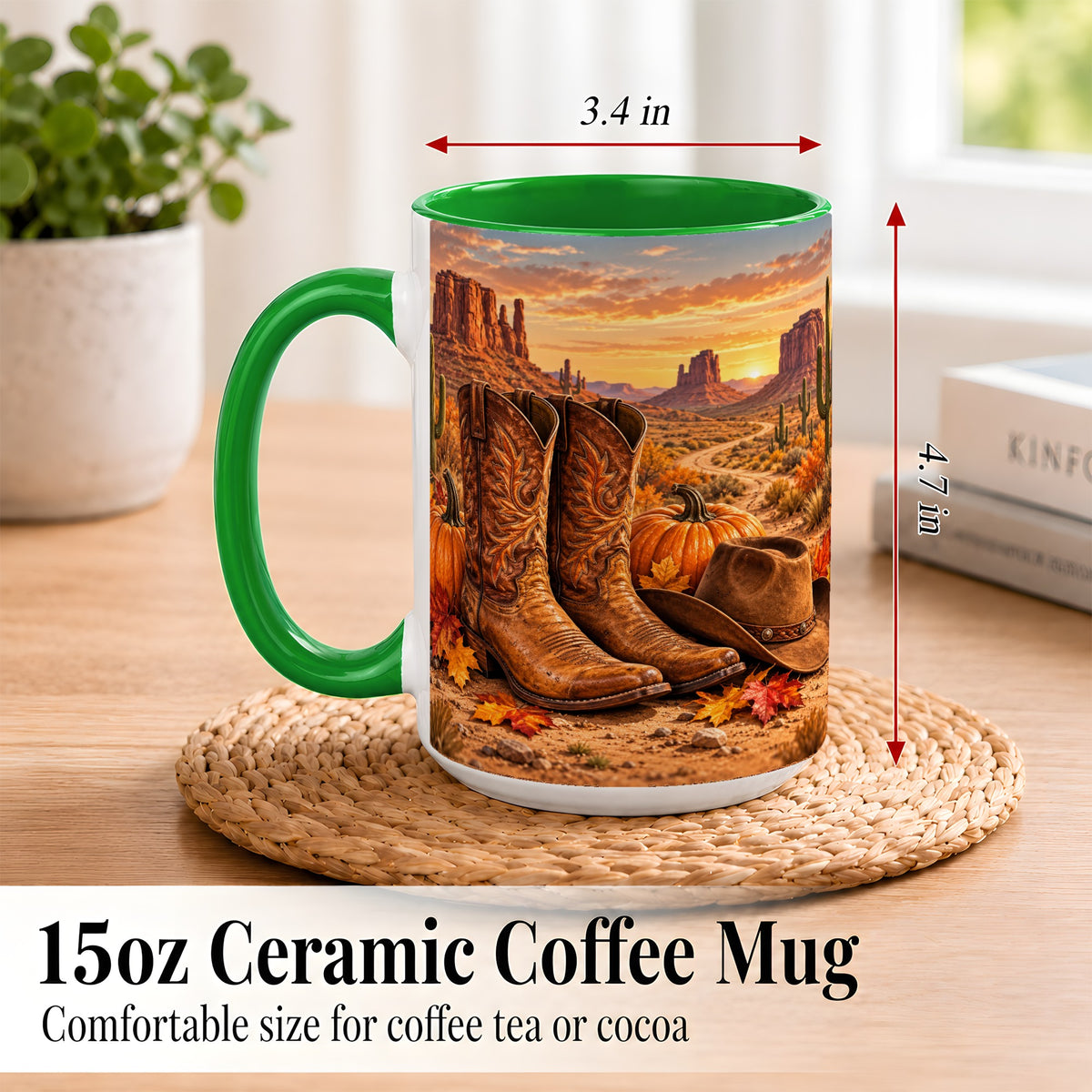 #pl[15oz|Green] Western Autumn Coffee Mug, Cowboy Boots Mug, Ceramic Cup