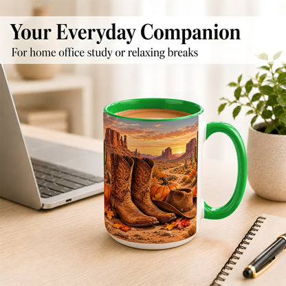 #pl[15oz|Green] Western Autumn Coffee Mug, Cowboy Boots Mug, Ceramic Cup