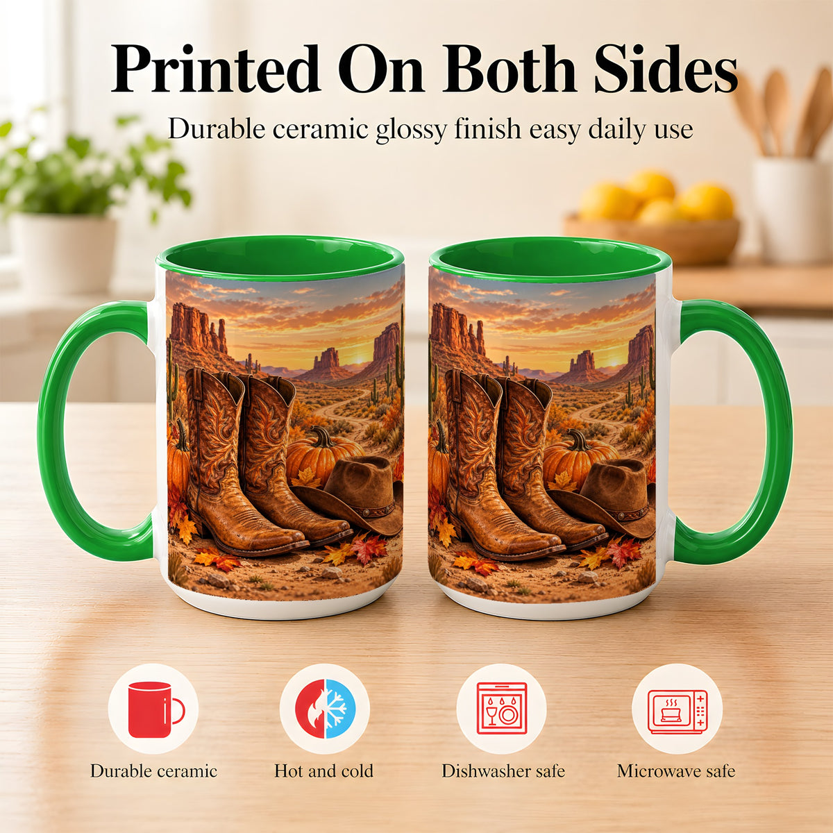 #pl[15oz|Green] Western Autumn Coffee Mug, Cowboy Boots Mug, Ceramic Cup
