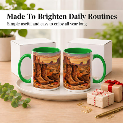 #pl[15oz|Green] Western Autumn Coffee Mug, Cowboy Boots Mug, Ceramic Cup