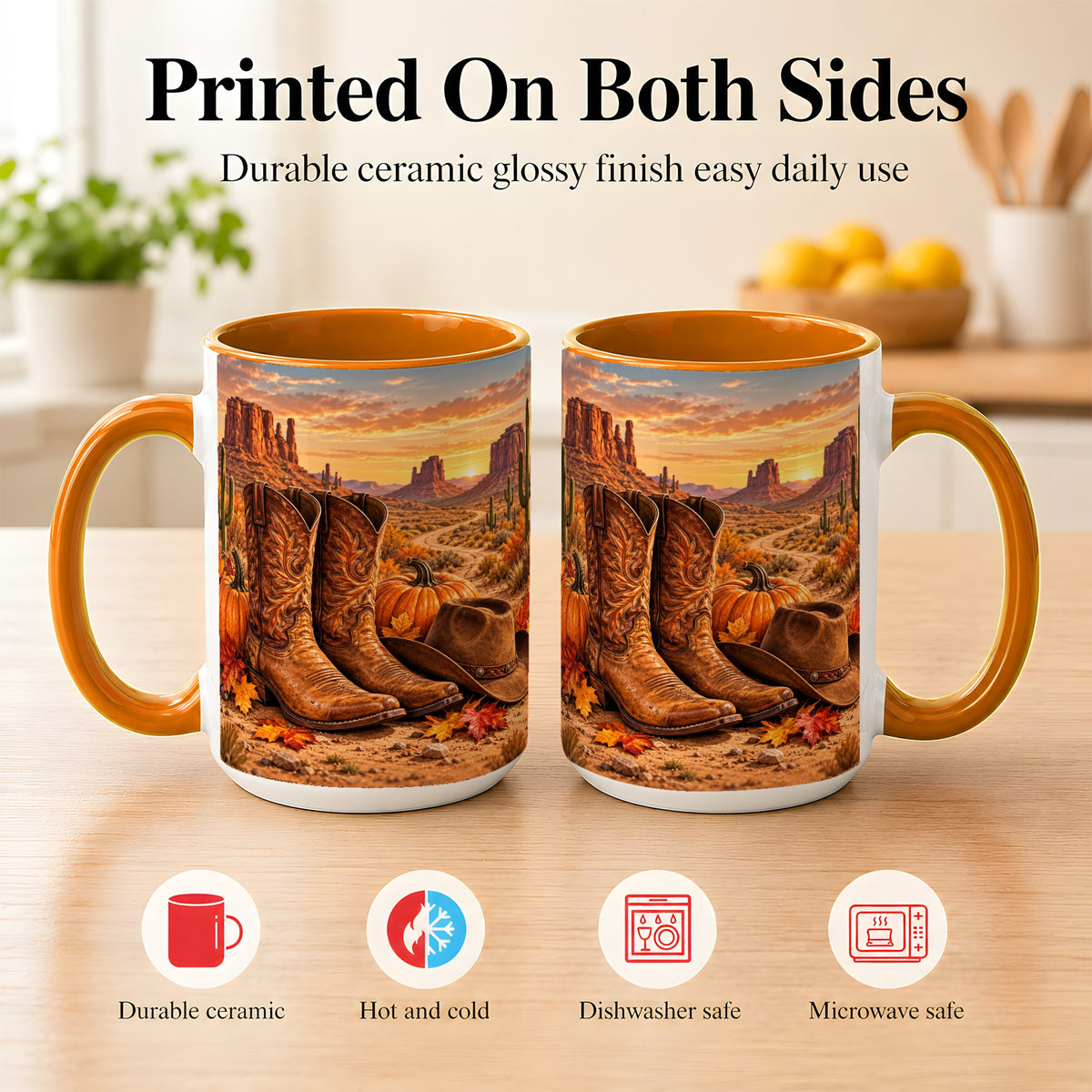 #pl[15oz|Orange] Western Autumn Coffee Mug, Cowboy Boots Mug, Ceramic Cup