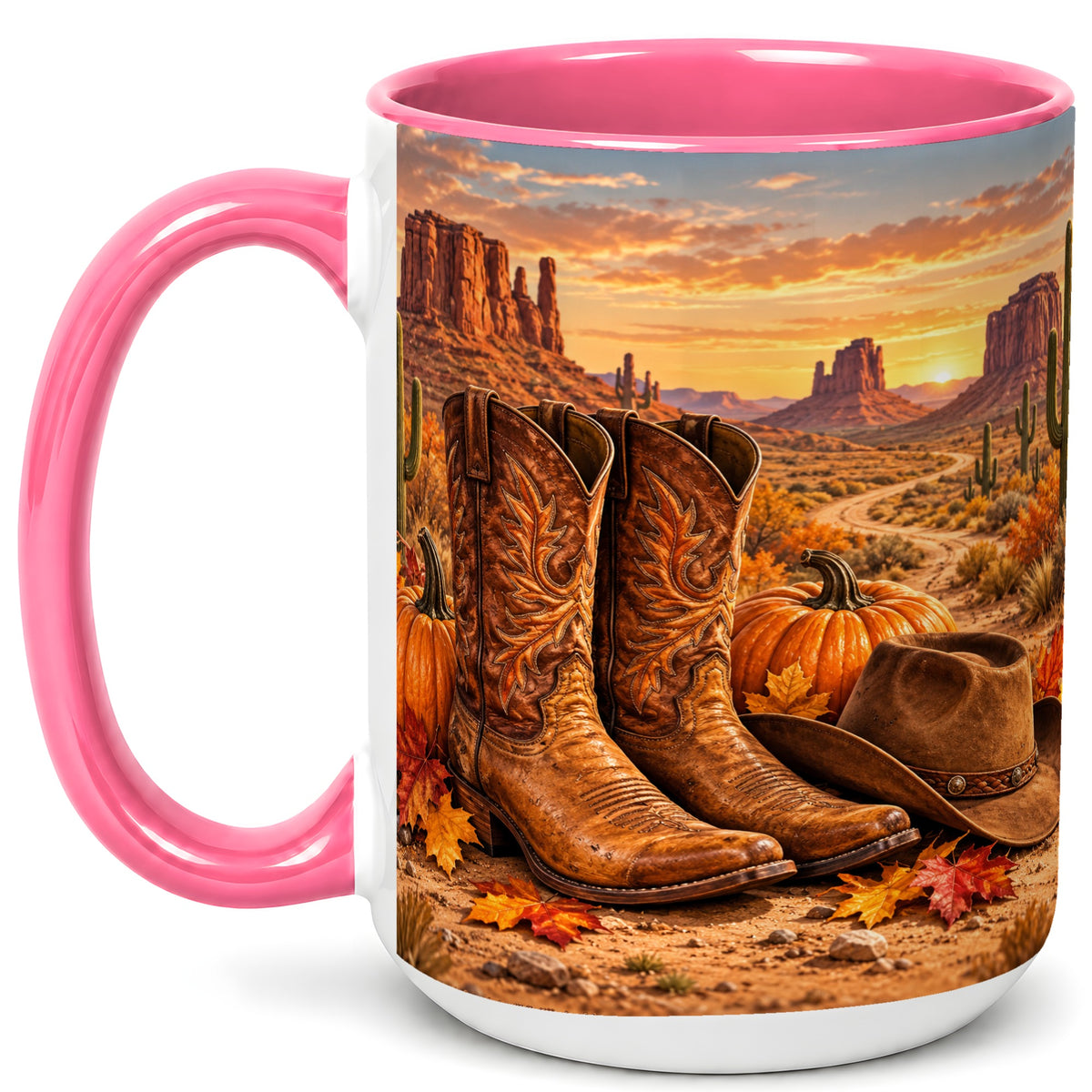 #pl[15oz|Pink] Western Autumn Coffee Mug, Cowboy Boots Mug, Ceramic Cup