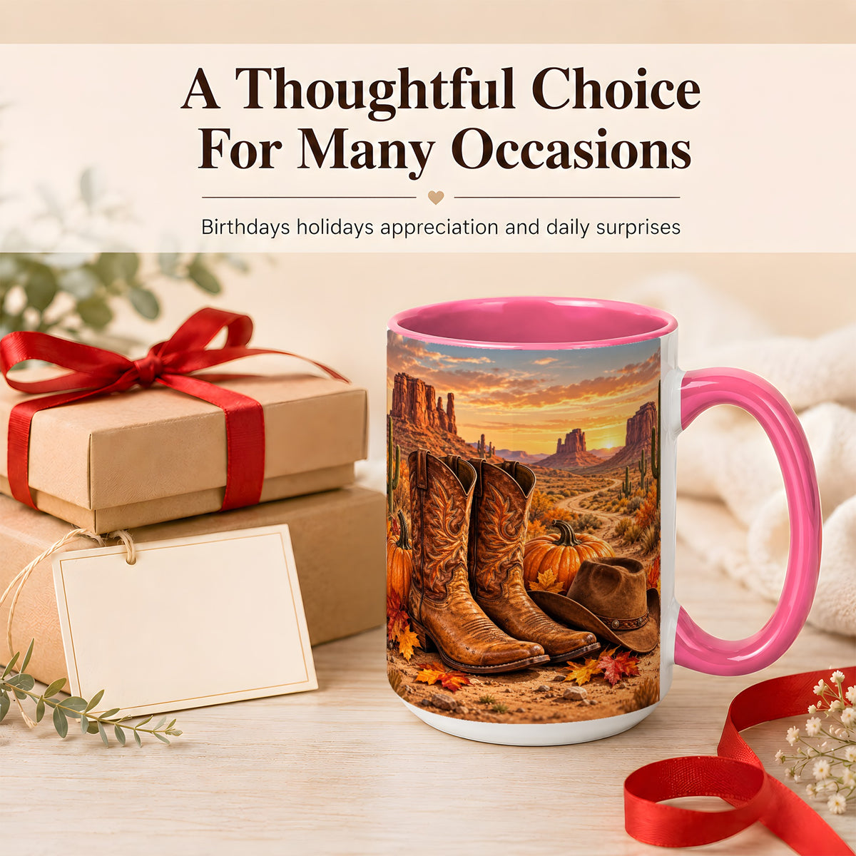 #pl[15oz|Pink] Western Autumn Coffee Mug, Cowboy Boots Mug, Ceramic Cup